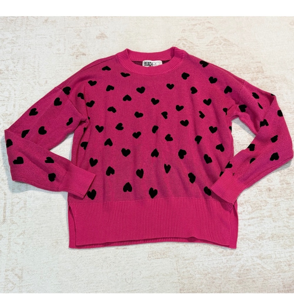 Beach Riot Pink Heart Cotton Sweater Crew Neck Long Sleeve Knit Top Small